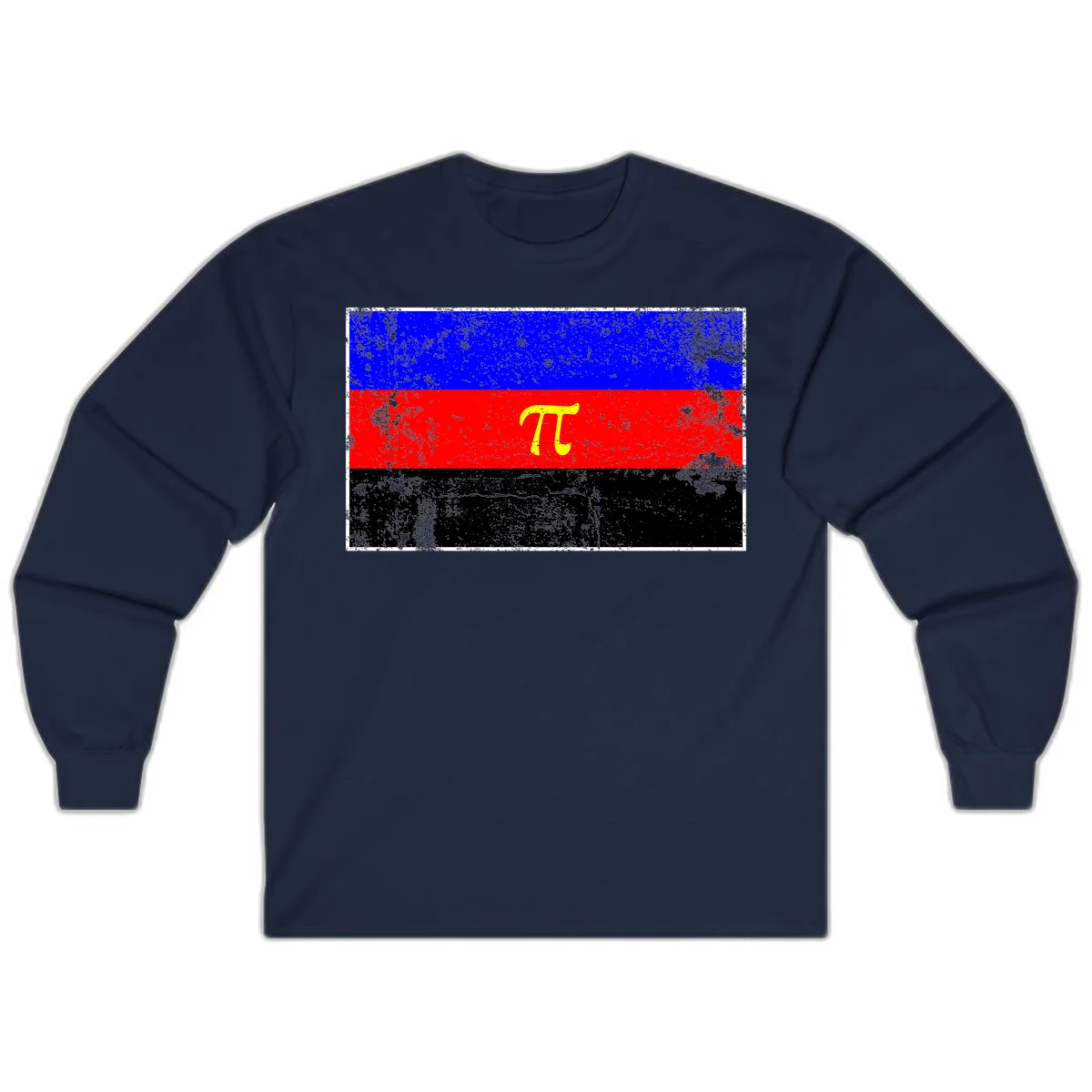 Pi mathematical symbol in yellow on distressed German flag with blue, red, and black horizontal stripes and grunge texture overlay in Navy