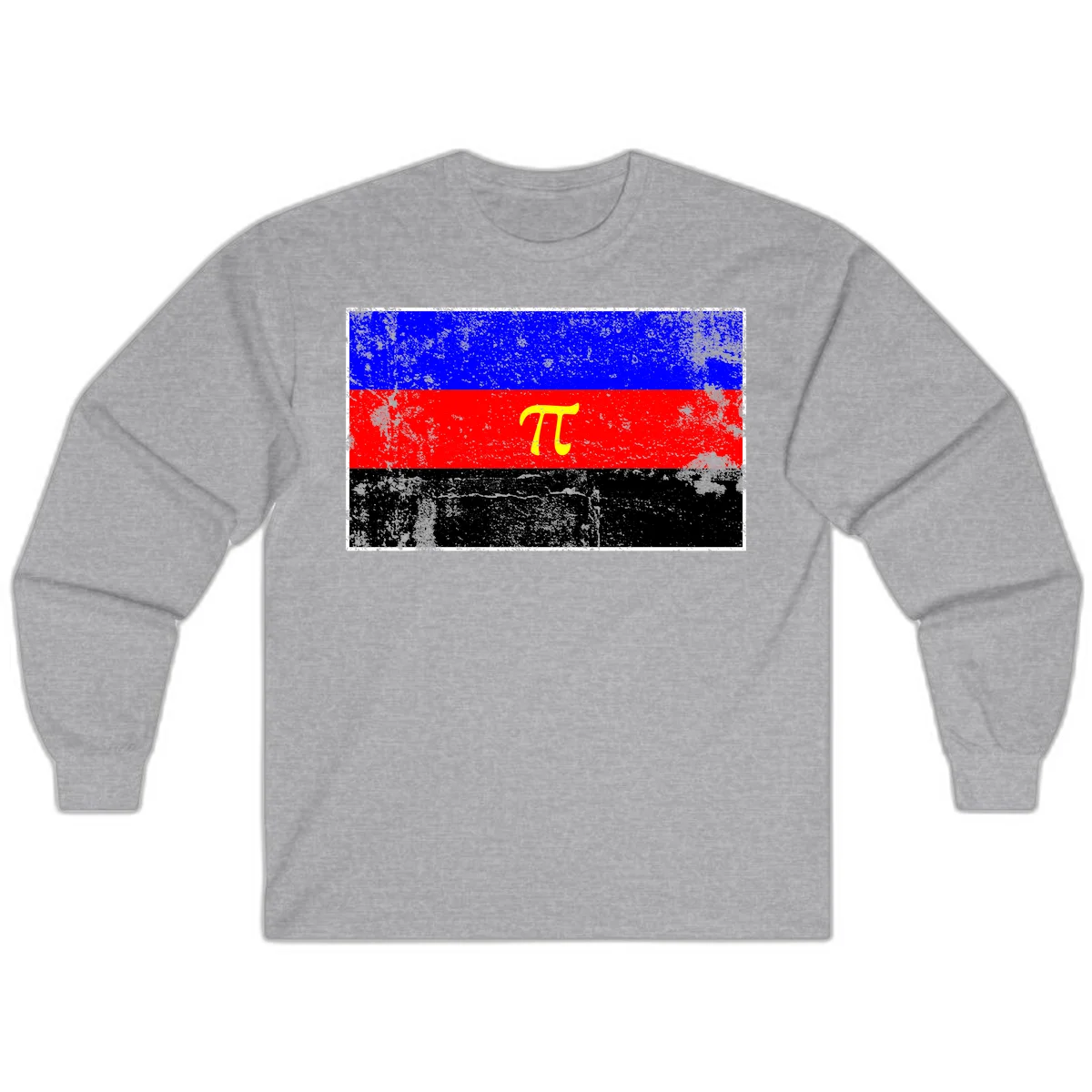 Pi mathematical symbol in yellow on distressed German flag with blue, red, and black horizontal stripes and grunge texture overlay in Sport Grey