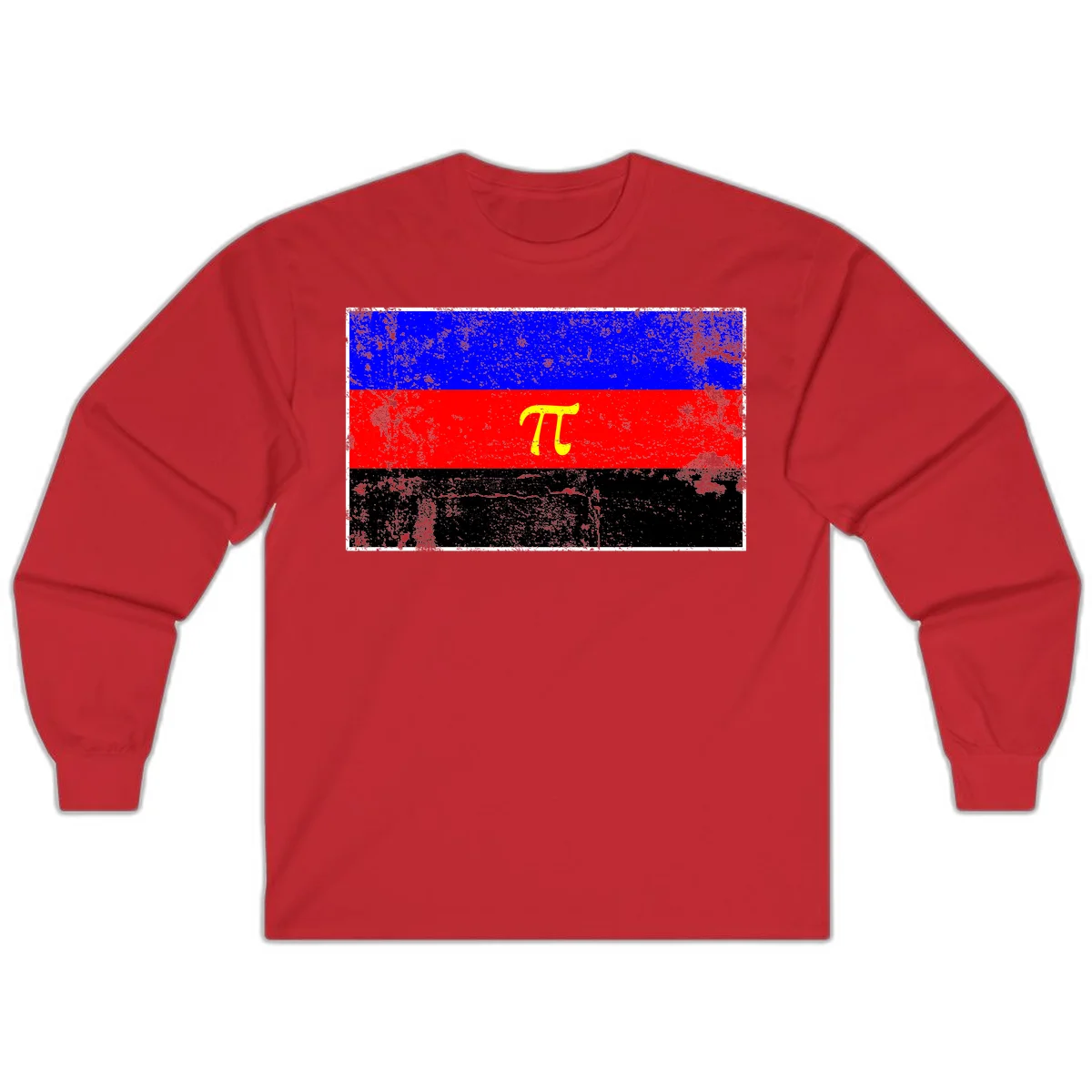 Pi mathematical symbol in yellow on distressed German flag with blue, red, and black horizontal stripes and grunge texture overlay in Red