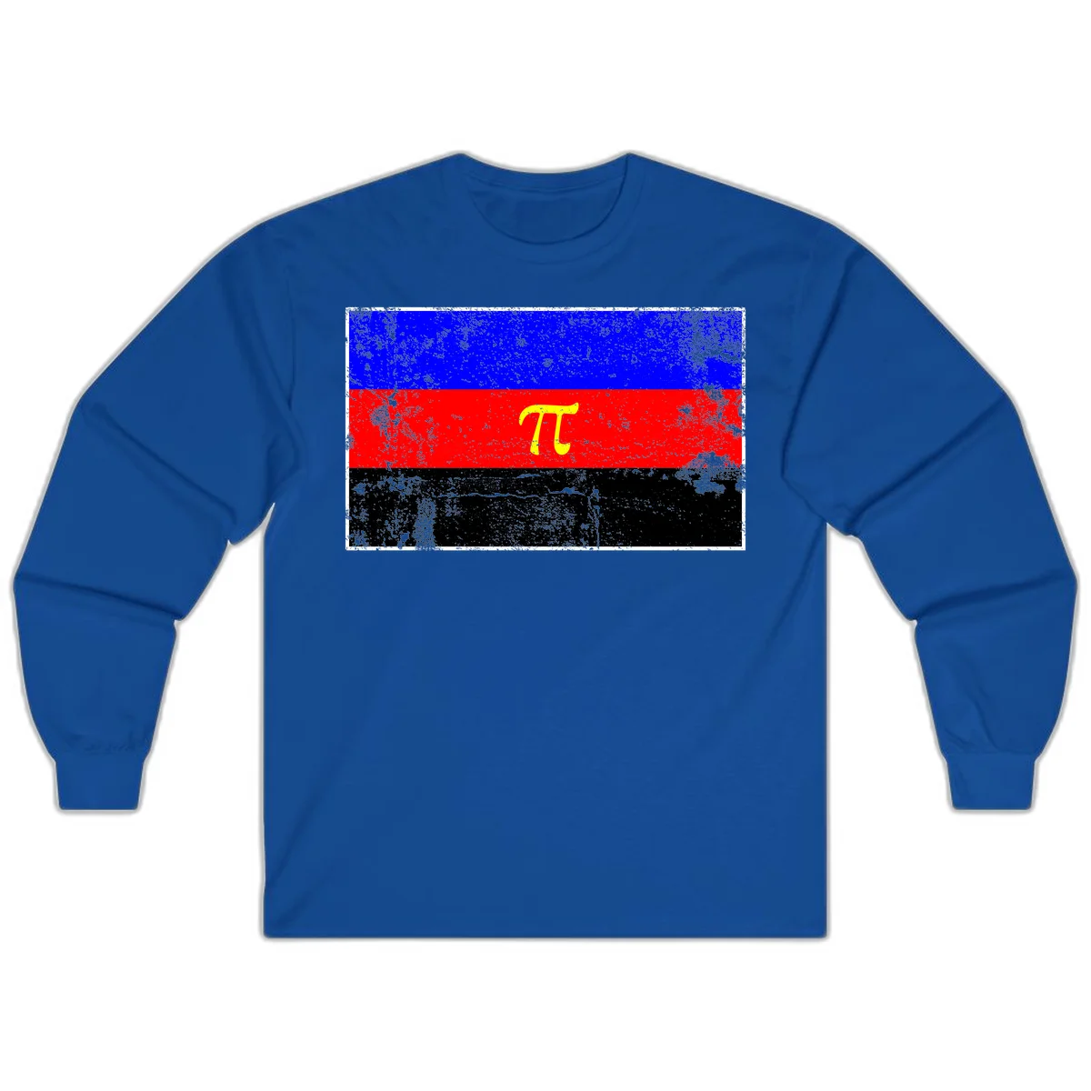 Pi mathematical symbol in yellow on distressed German flag with blue, red, and black horizontal stripes and grunge texture overlay in Royal