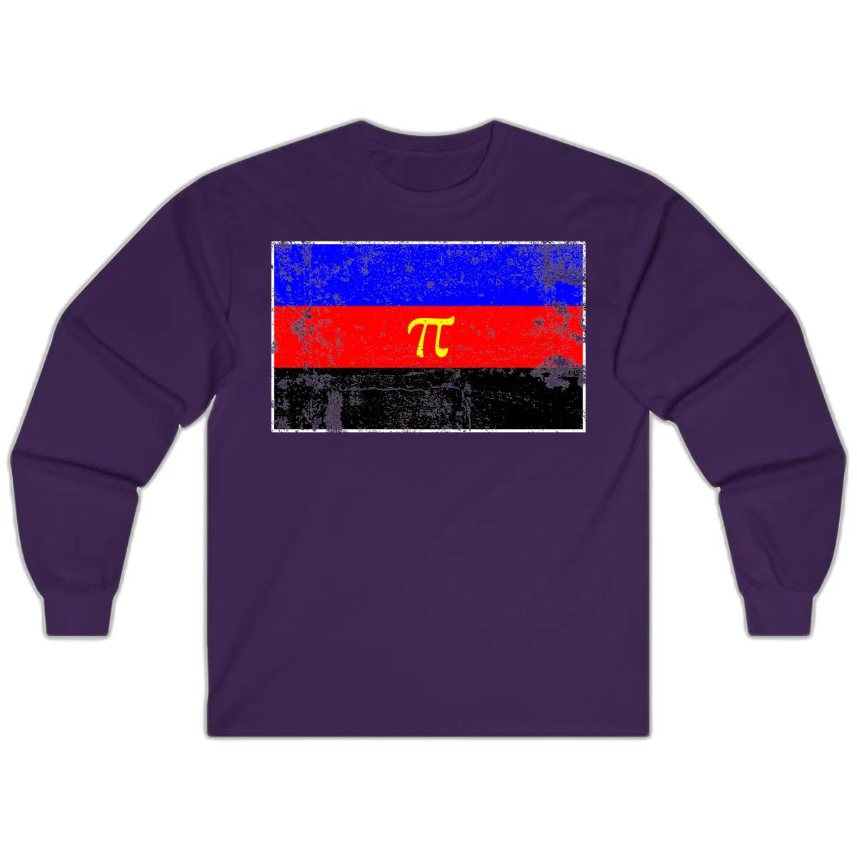 Pi mathematical symbol in yellow on distressed German flag with blue, red, and black horizontal stripes and grunge texture overlay in Purple