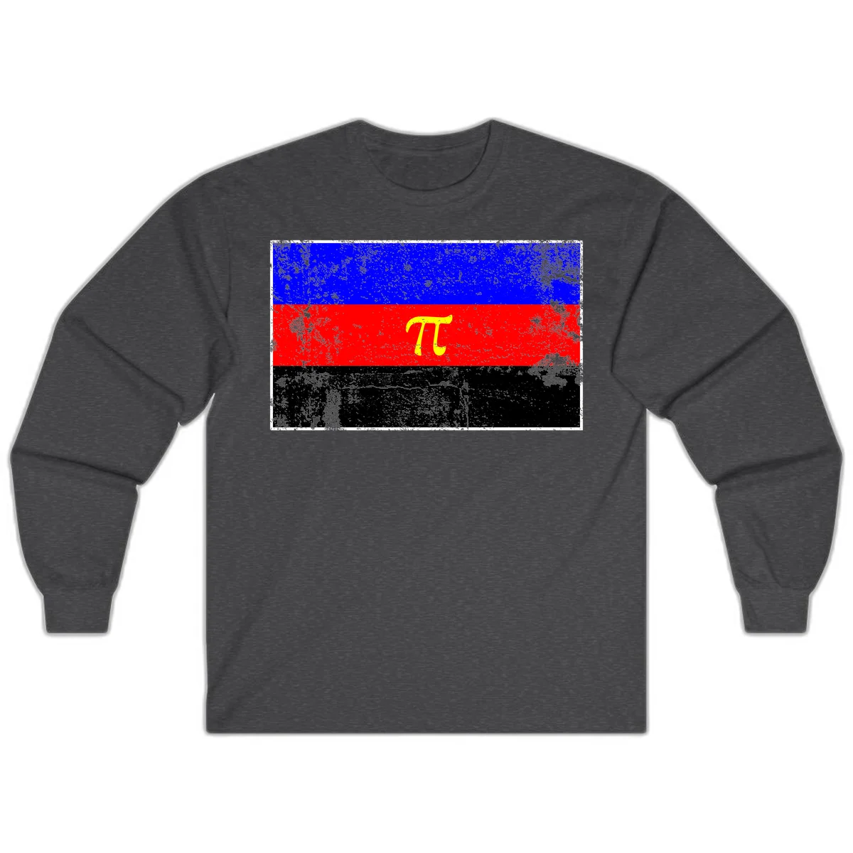 Pi mathematical symbol in yellow on distressed German flag with blue, red, and black horizontal stripes and grunge texture overlay in Dark Heather