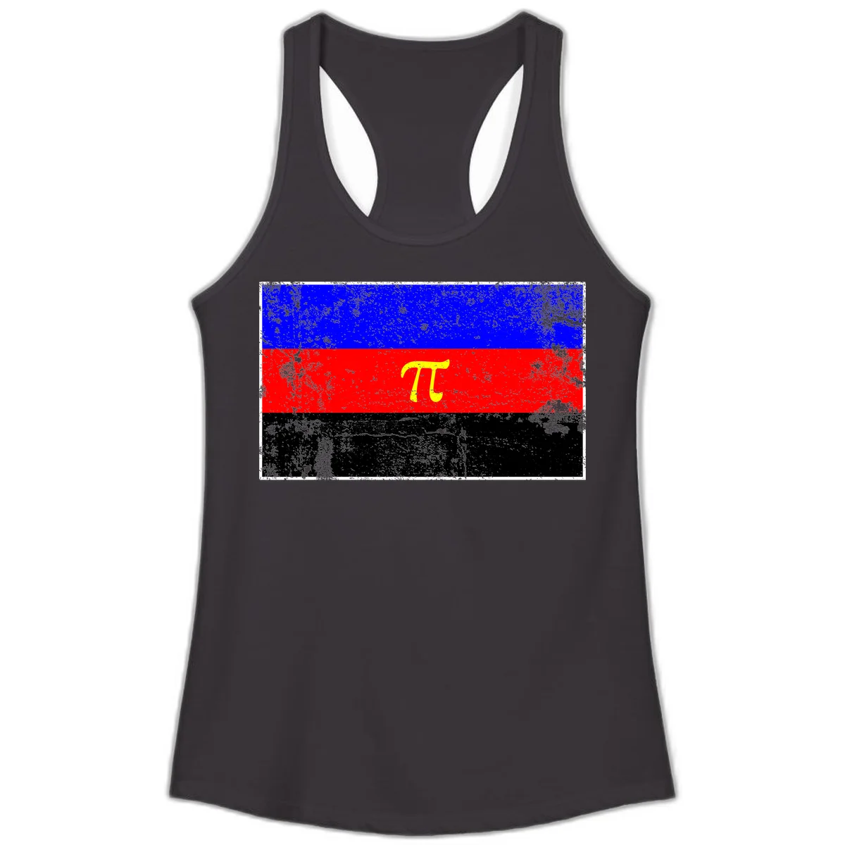 Pi mathematical symbol in yellow on distressed German flag with blue, red, and black horizontal stripes and grunge texture overlay in Black