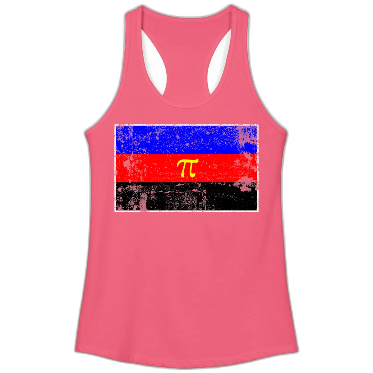 Pi mathematical symbol in yellow on distressed German flag with blue, red, and black horizontal stripes and grunge texture overlay in Hot Pink