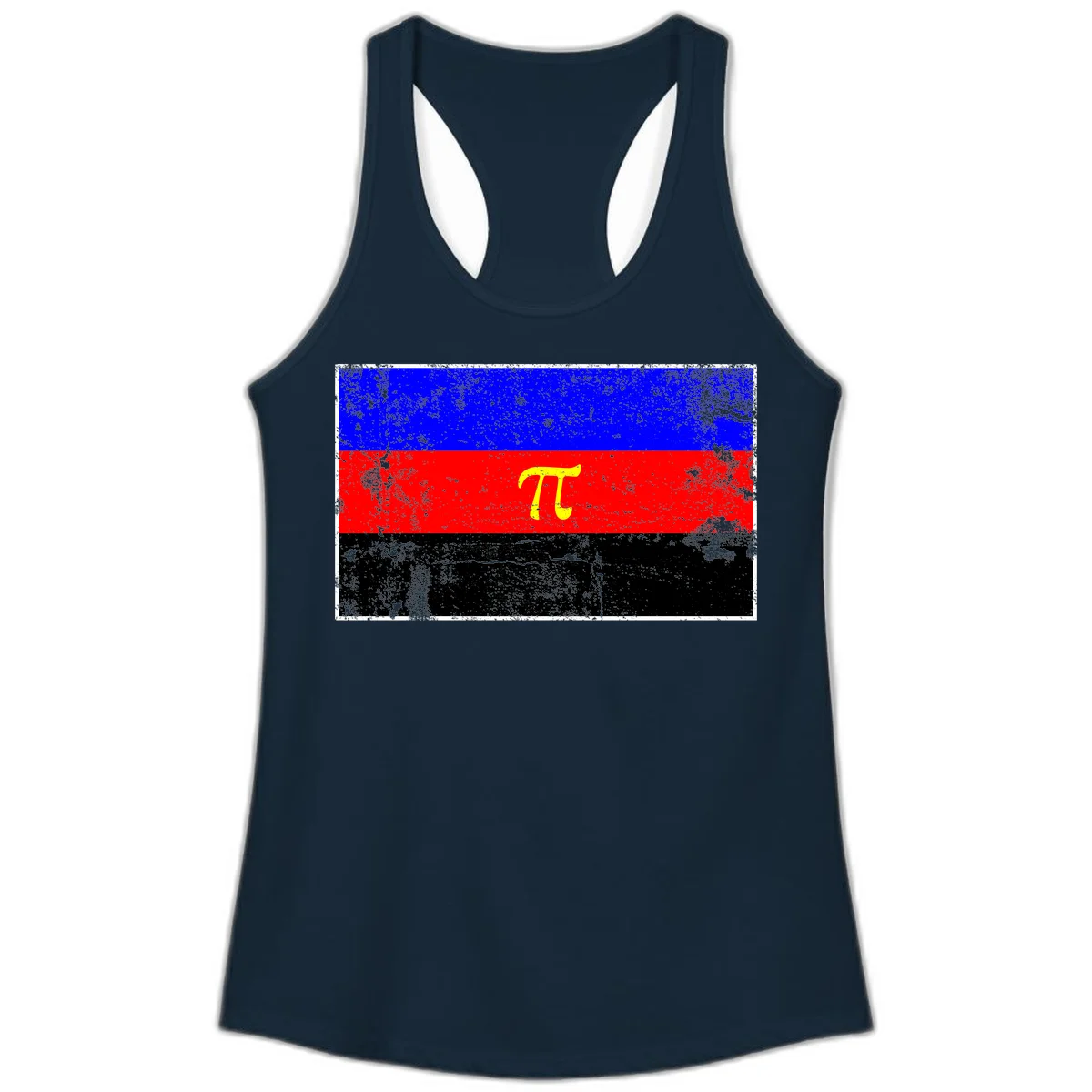 Pi mathematical symbol in yellow on distressed German flag with blue, red, and black horizontal stripes and grunge texture overlay in Solid Midnight Navy