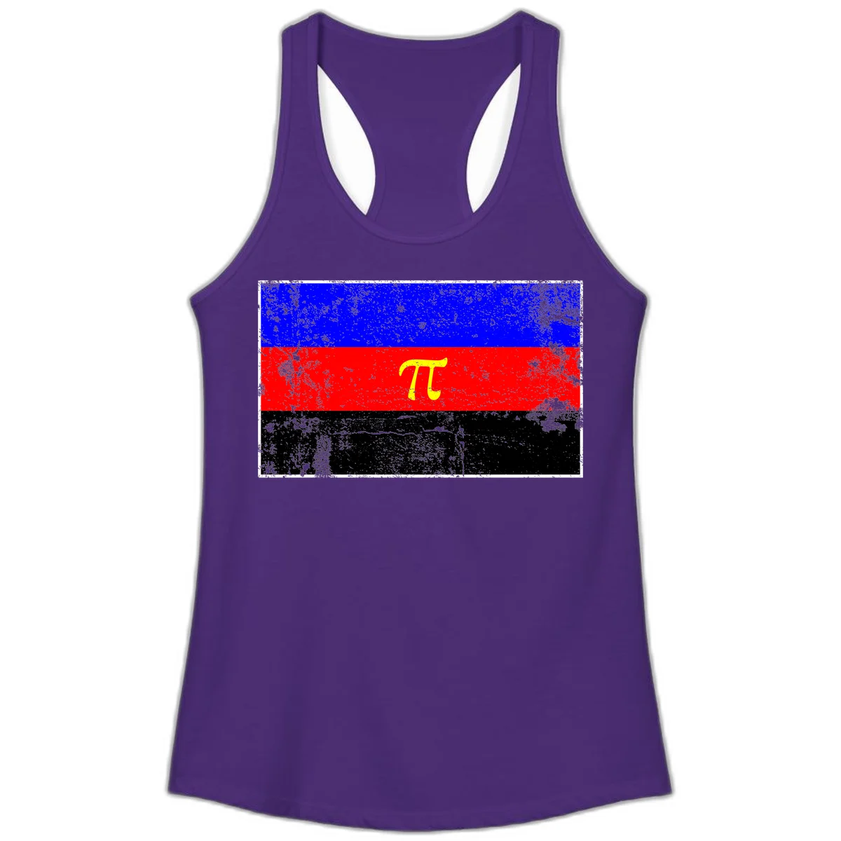 Pi mathematical symbol in yellow on distressed German flag with blue, red, and black horizontal stripes and grunge texture overlay in Solid Purple Rush