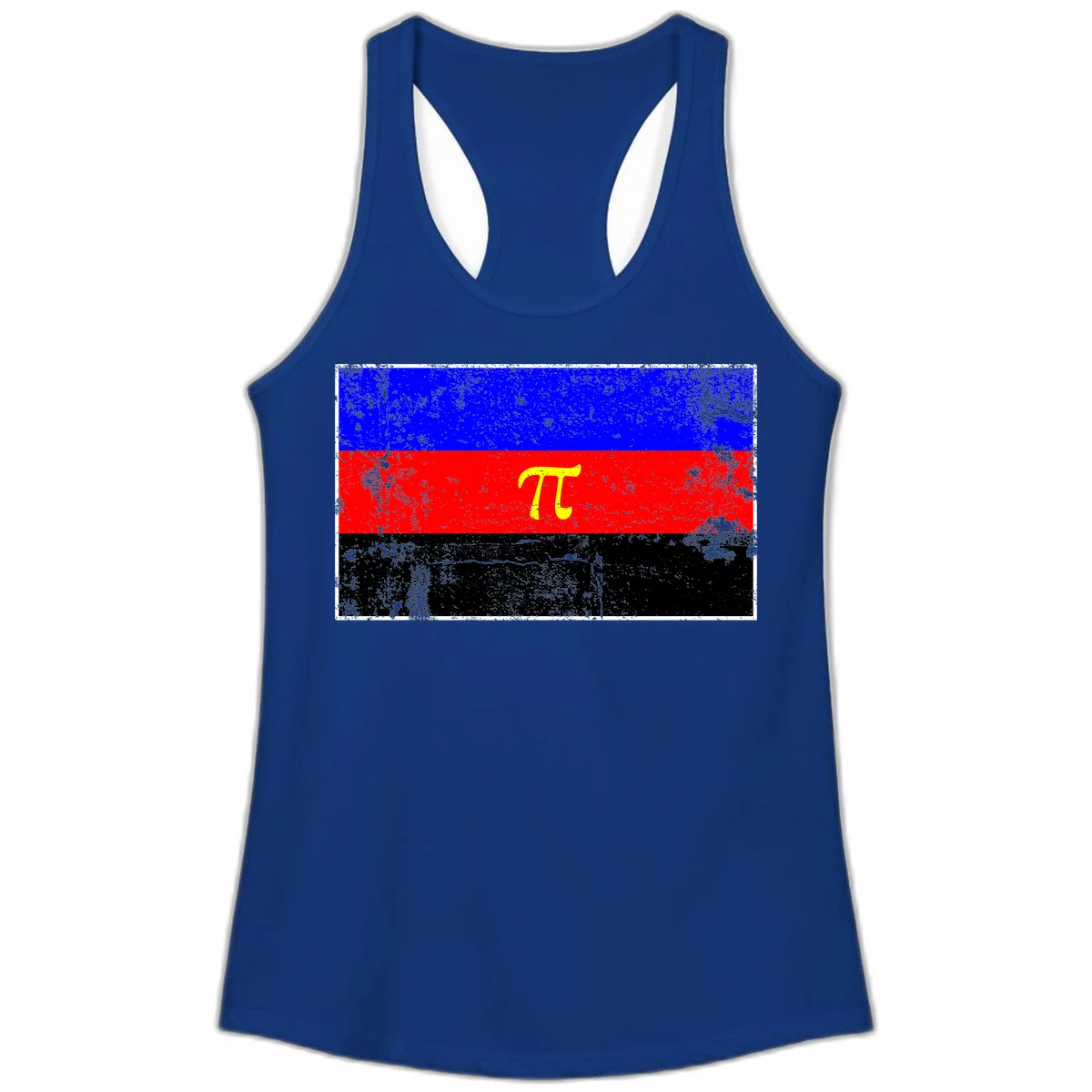 Pi mathematical symbol in yellow on distressed German flag with blue, red, and black horizontal stripes and grunge texture overlay in Solid Royal