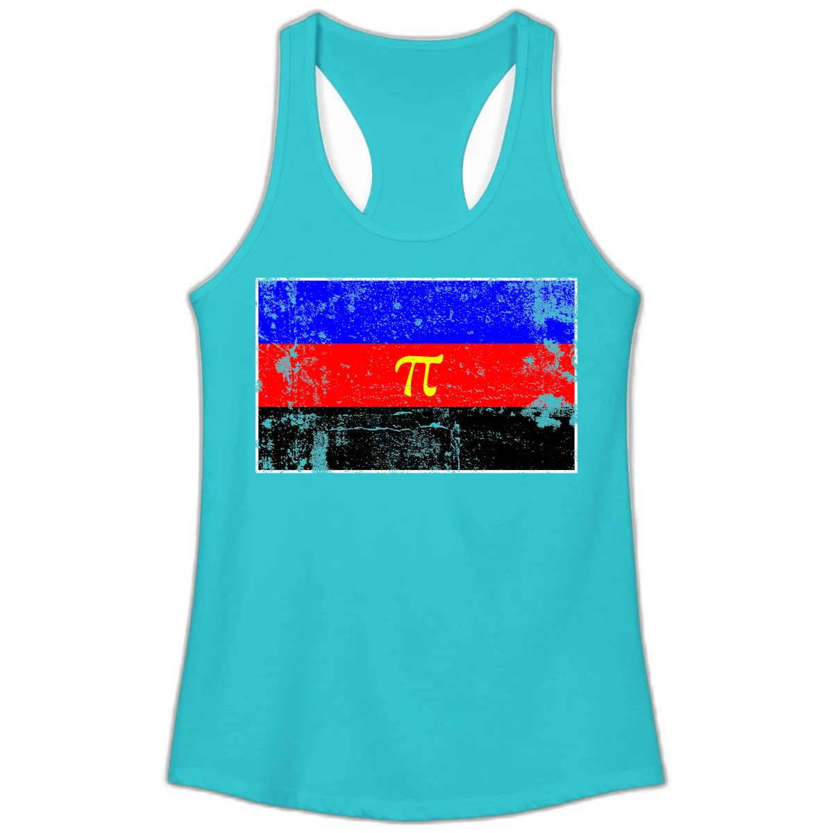Pi mathematical symbol in yellow on distressed German flag with blue, red, and black horizontal stripes and grunge texture overlay in Solid Tahiti Blue