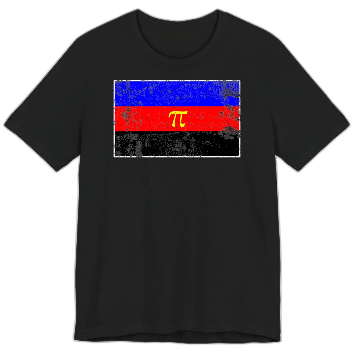 Pi mathematical symbol in yellow on distressed German flag with blue, red, and black horizontal stripes and grunge texture overlay in Black