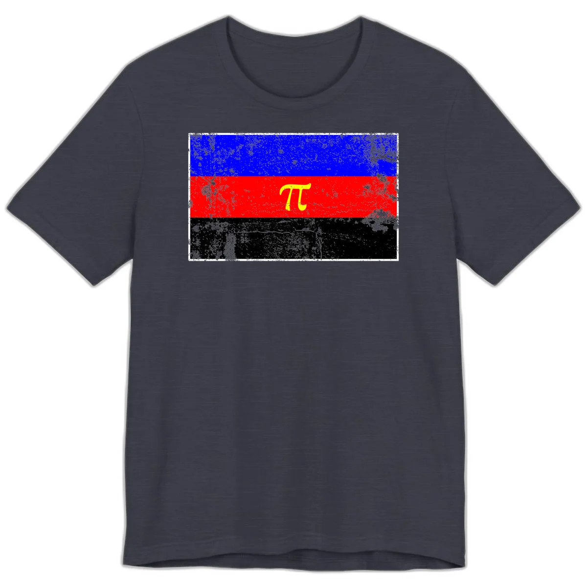 Pi mathematical symbol in yellow on distressed German flag with blue, red, and black horizontal stripes and grunge texture overlay in Heather Midnight Navy
