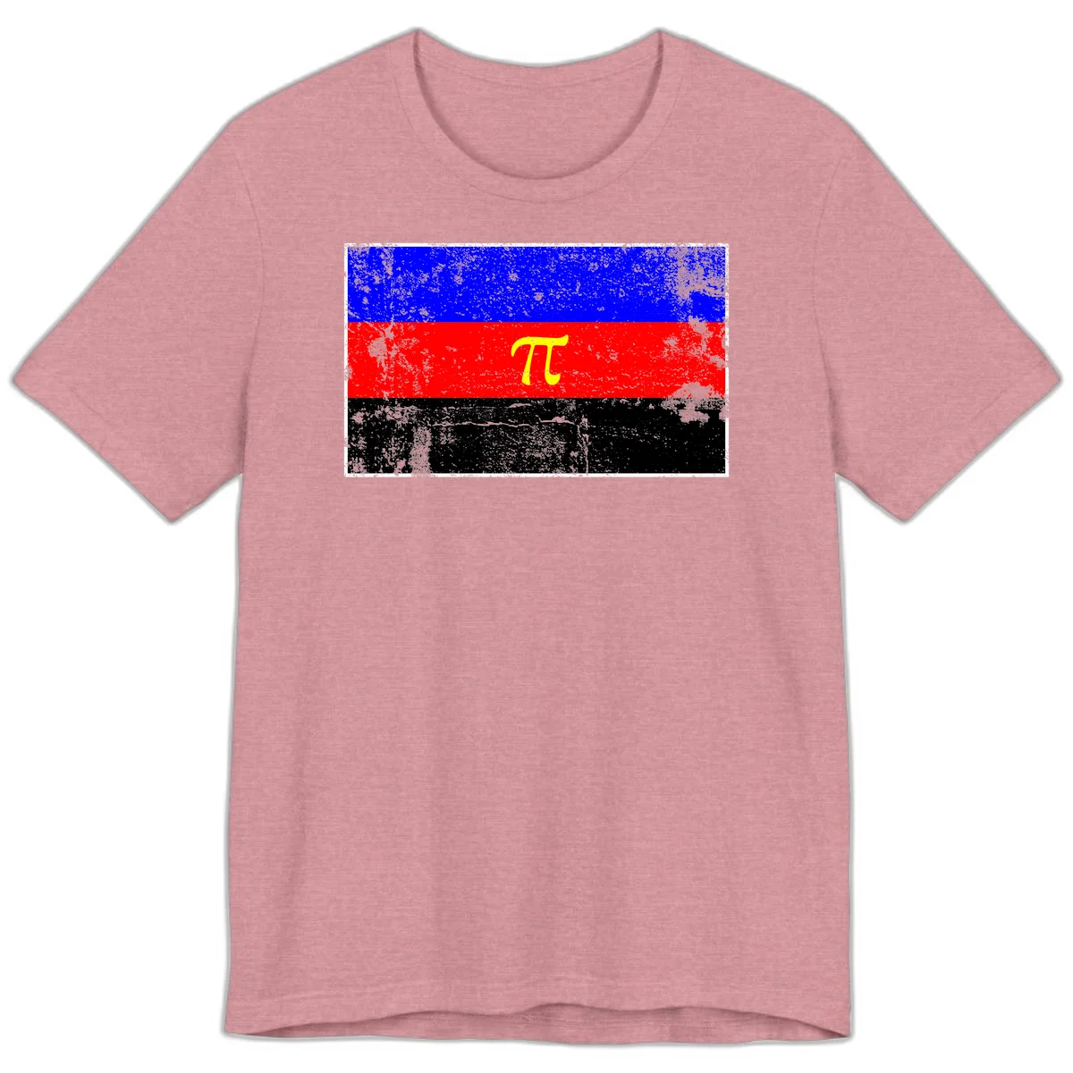 Pi mathematical symbol in yellow on distressed German flag with blue, red, and black horizontal stripes and grunge texture overlay in Heather Orchid