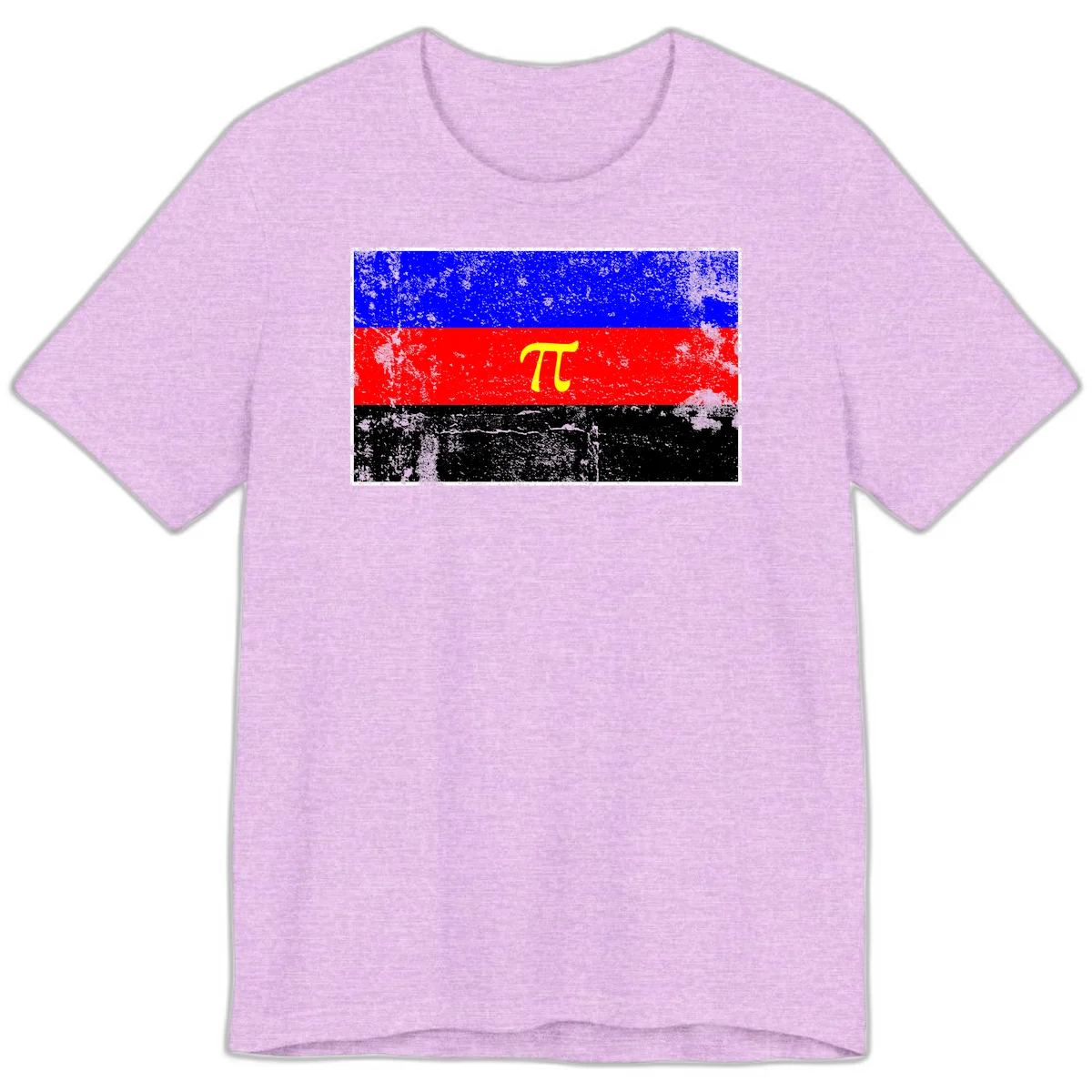 Pi mathematical symbol in yellow on distressed German flag with blue, red, and black horizontal stripes and grunge texture overlay in Heather Prism Lilac