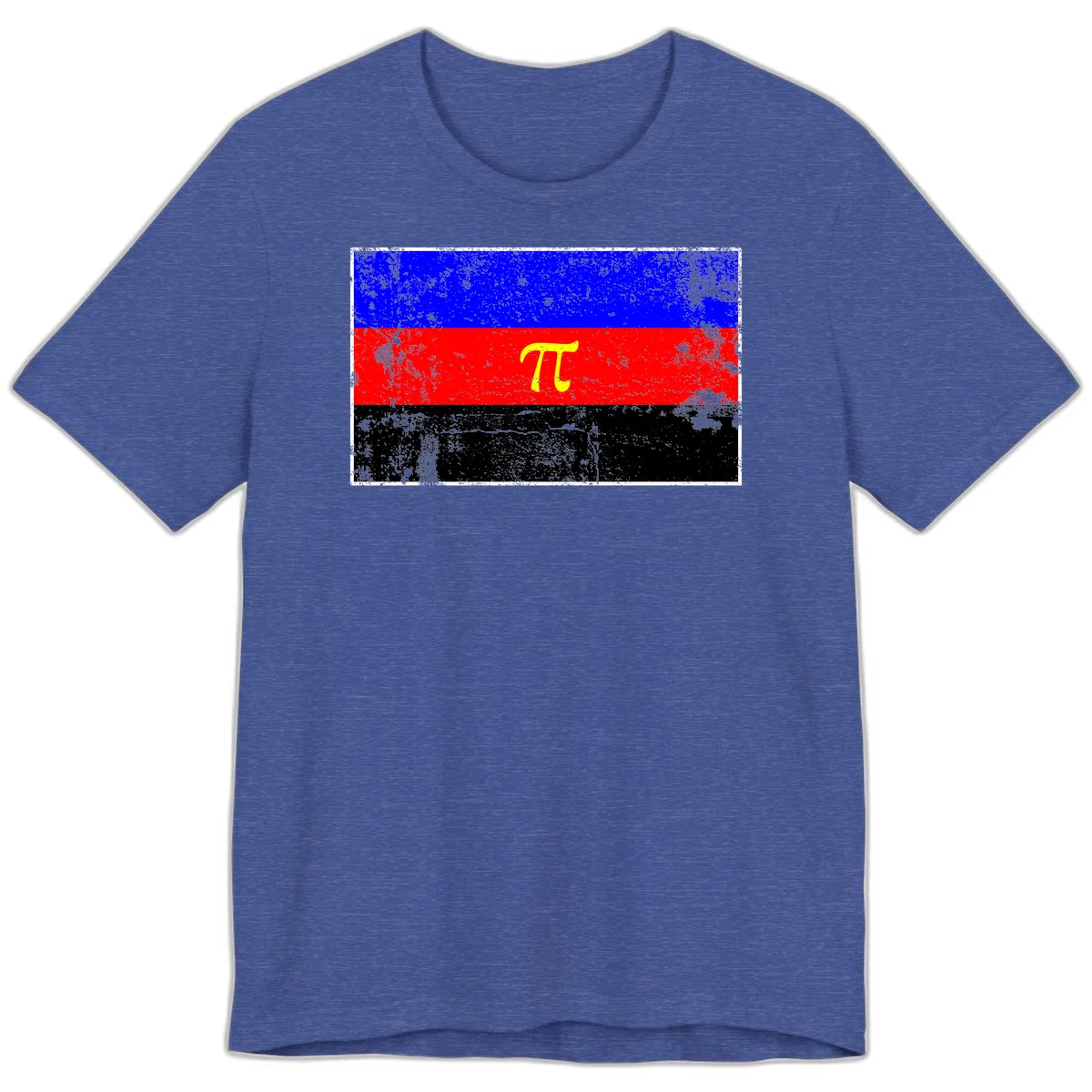 Pi mathematical symbol in yellow on distressed German flag with blue, red, and black horizontal stripes and grunge texture overlay in Heather True Royal