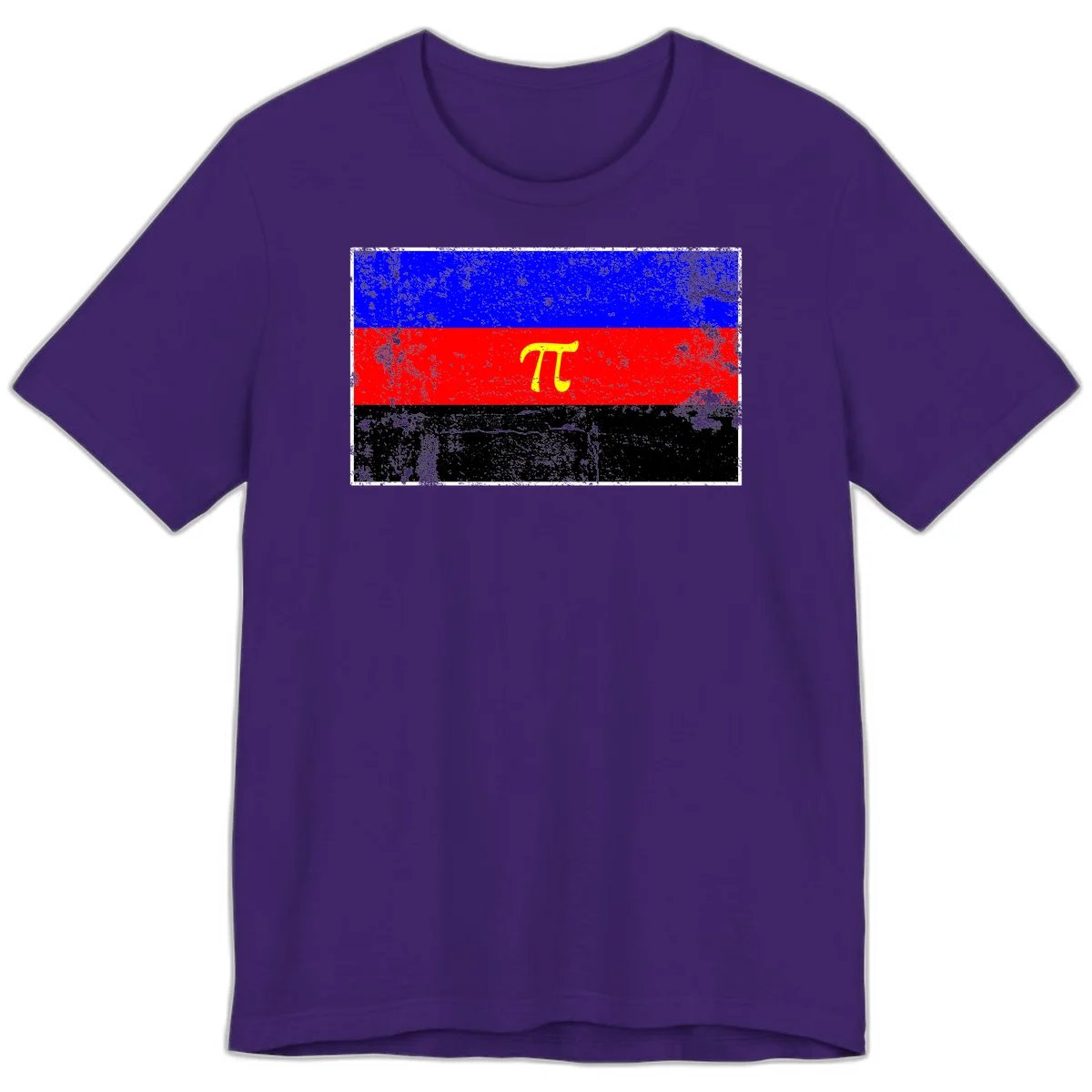 Pi mathematical symbol in yellow on distressed German flag with blue, red, and black horizontal stripes and grunge texture overlay in Team Purple