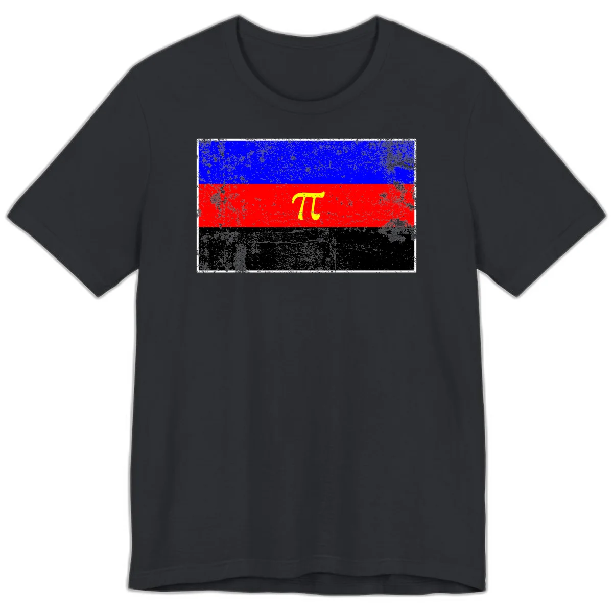 Pi mathematical symbol in yellow on distressed German flag with blue, red, and black horizontal stripes and grunge texture overlay in Vintage Black