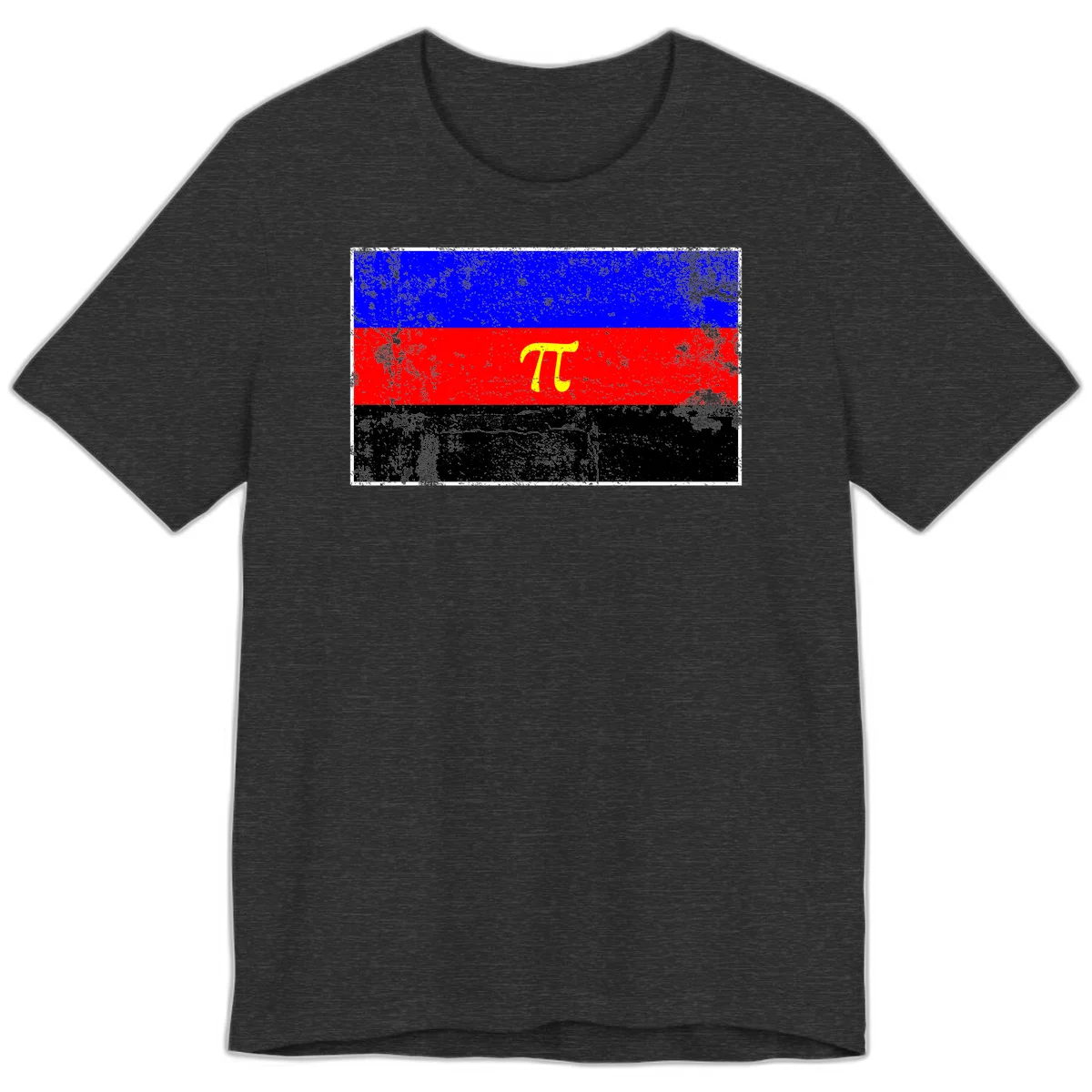 Pi mathematical symbol in yellow on distressed German flag with blue, red, and black horizontal stripes and grunge texture overlay in Dark Grey Heather