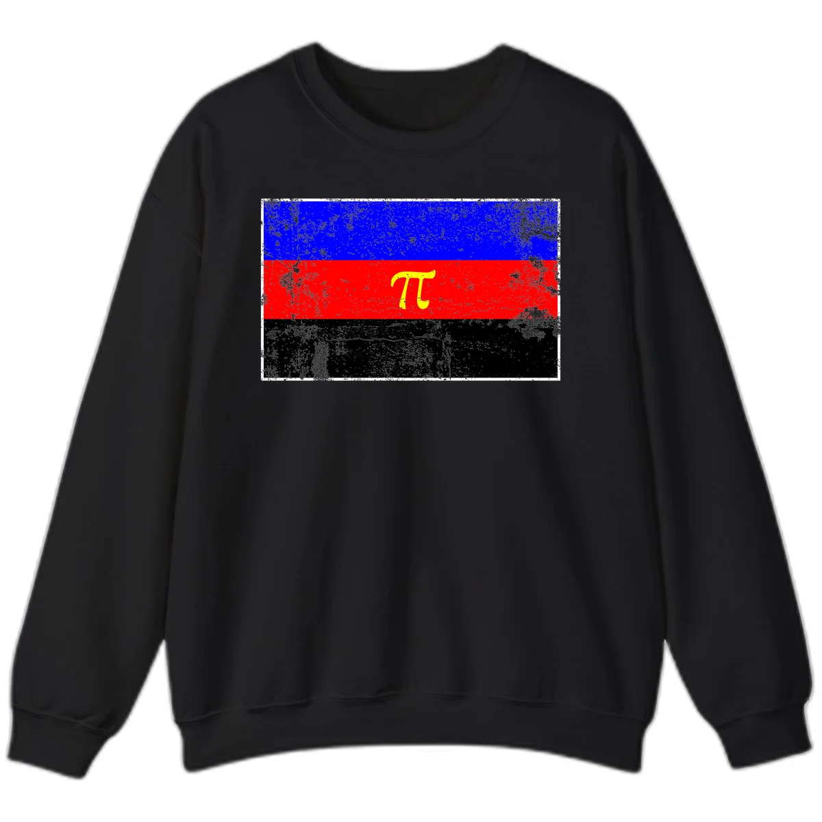 Pi mathematical symbol in yellow on distressed German flag with blue, red, and black horizontal stripes and grunge texture overlay in Black