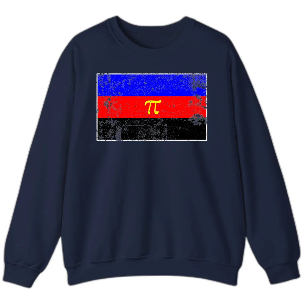 Pi mathematical symbol in yellow on distressed German flag with blue, red, and black horizontal stripes and grunge texture overlay in Navy