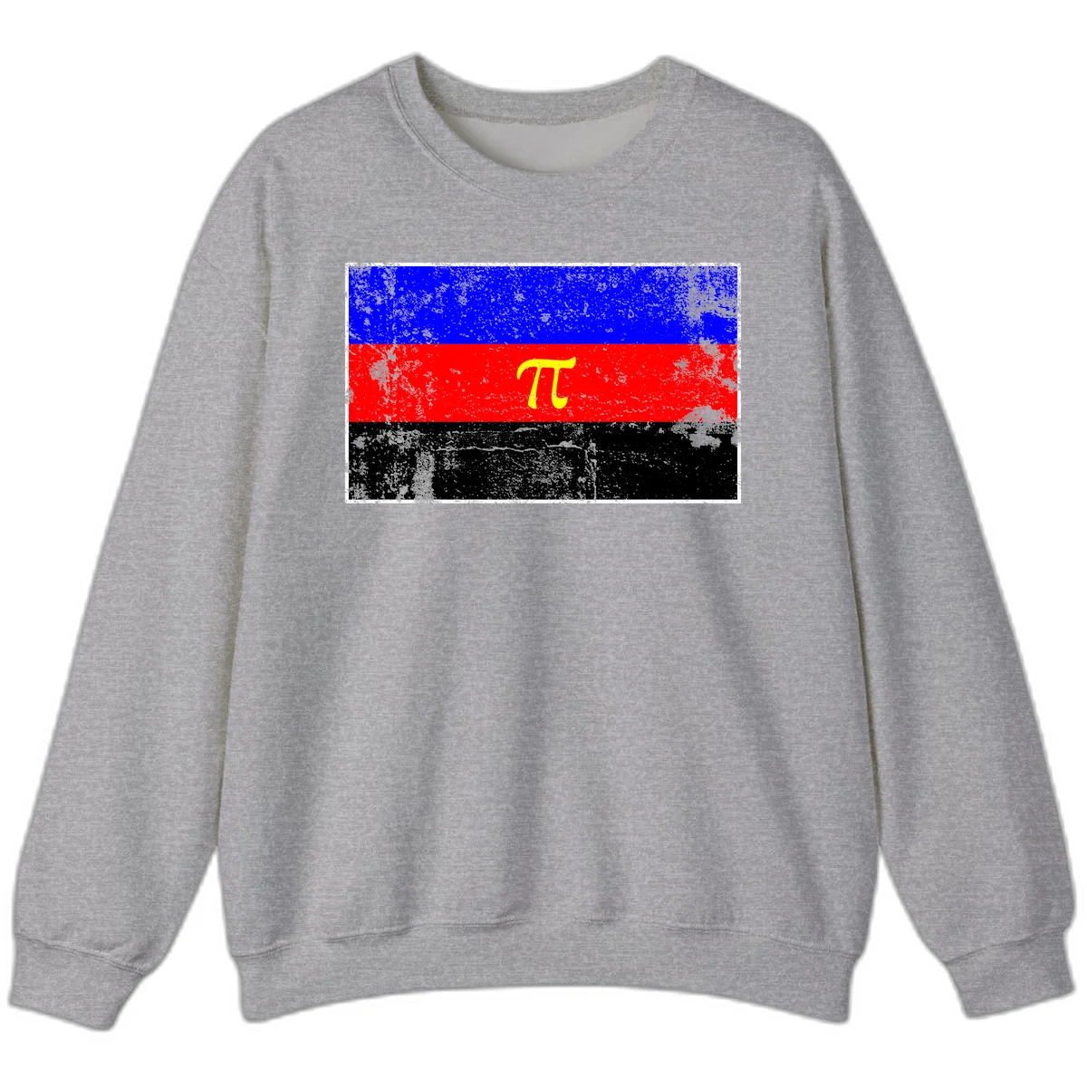 Pi mathematical symbol in yellow on distressed German flag with blue, red, and black horizontal stripes and grunge texture overlay in Sport Grey