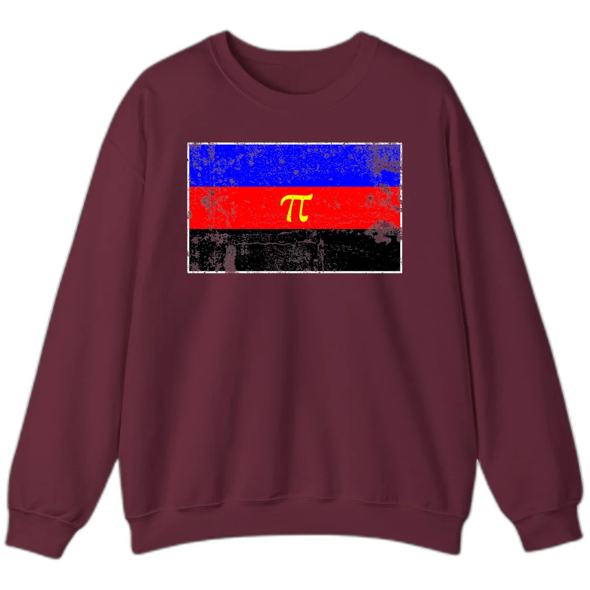 Pi mathematical symbol in yellow on distressed German flag with blue, red, and black horizontal stripes and grunge texture overlay in Maroon
