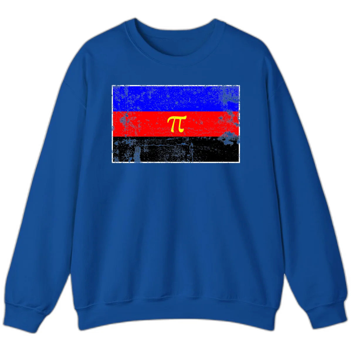 Pi mathematical symbol in yellow on distressed German flag with blue, red, and black horizontal stripes and grunge texture overlay in Royal