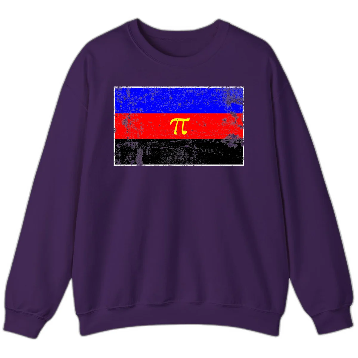 Pi mathematical symbol in yellow on distressed German flag with blue, red, and black horizontal stripes and grunge texture overlay in Purple