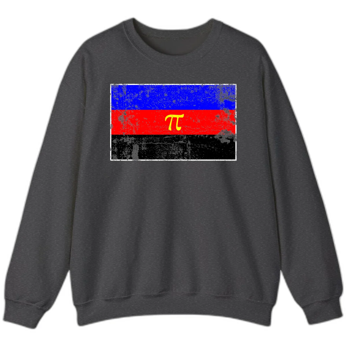 Pi mathematical symbol in yellow on distressed German flag with blue, red, and black horizontal stripes and grunge texture overlay in Dark Heather