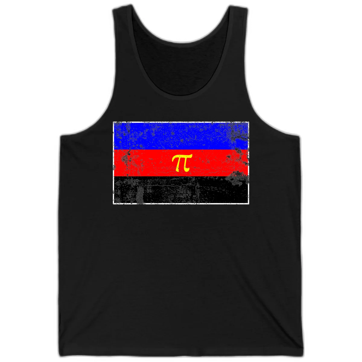 Pi mathematical symbol in yellow on distressed German flag with blue, red, and black horizontal stripes and grunge texture overlay in Black