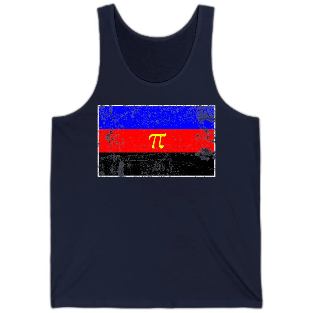 Pi mathematical symbol in yellow on distressed German flag with blue, red, and black horizontal stripes and grunge texture overlay in Navy