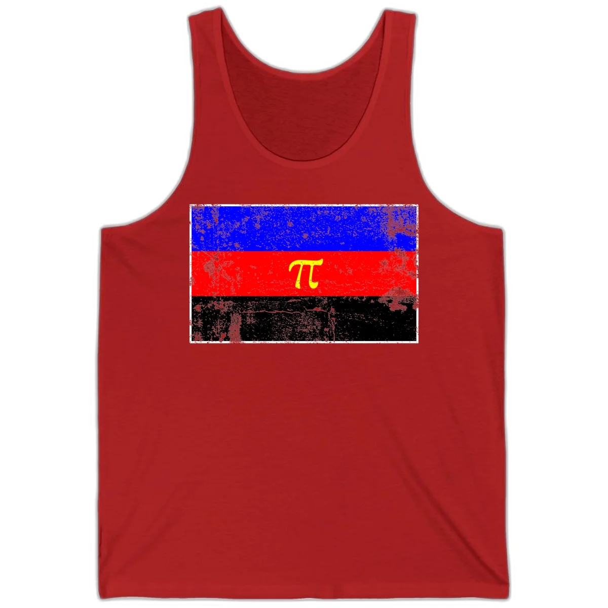 Pi mathematical symbol in yellow on distressed German flag with blue, red, and black horizontal stripes and grunge texture overlay in Red