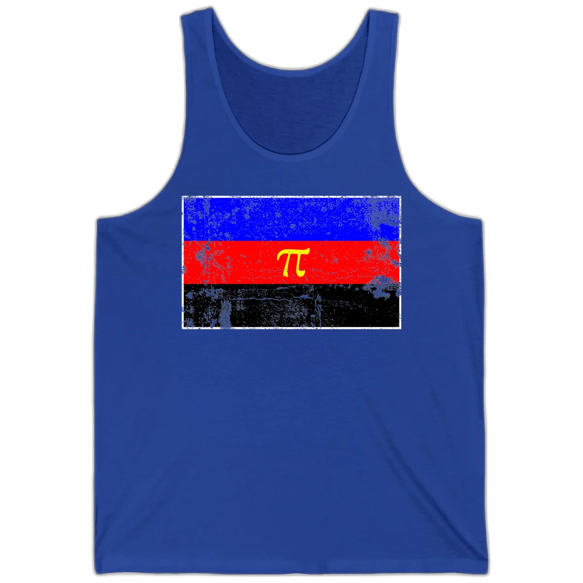 Pi mathematical symbol in yellow on distressed German flag with blue, red, and black horizontal stripes and grunge texture overlay in True Royal