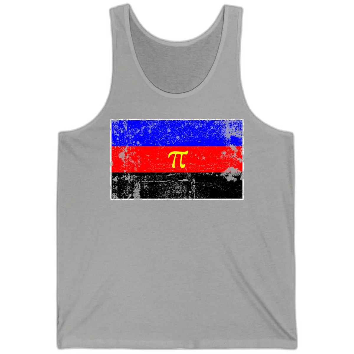 Pi mathematical symbol in yellow on distressed German flag with blue, red, and black horizontal stripes and grunge texture overlay in Athletic Heather