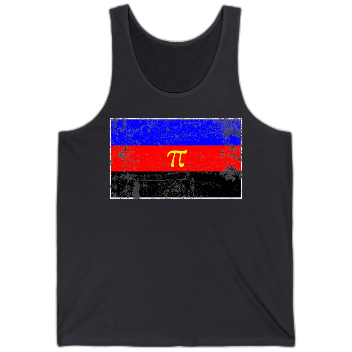 Pi mathematical symbol in yellow on distressed German flag with blue, red, and black horizontal stripes and grunge texture overlay in Dark Grey