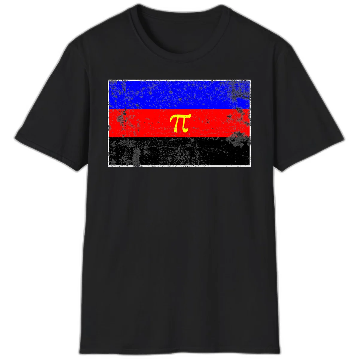 Pi mathematical symbol in yellow on distressed German flag with blue, red, and black horizontal stripes and grunge texture overlay in Black