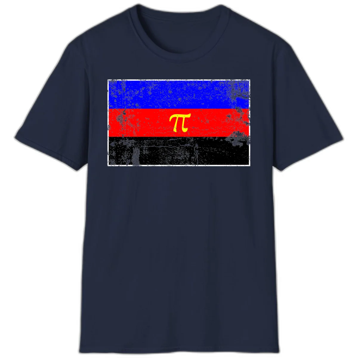 Pi mathematical symbol in yellow on distressed German flag with blue, red, and black horizontal stripes and grunge texture overlay in Navy