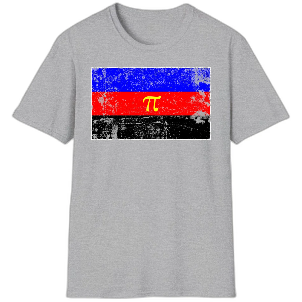 Pi mathematical symbol in yellow on distressed German flag with blue, red, and black horizontal stripes and grunge texture overlay in Sport Grey