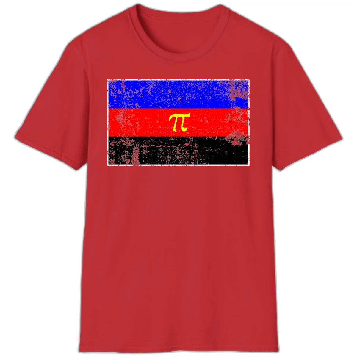 Pi mathematical symbol in yellow on distressed German flag with blue, red, and black horizontal stripes and grunge texture overlay in Red