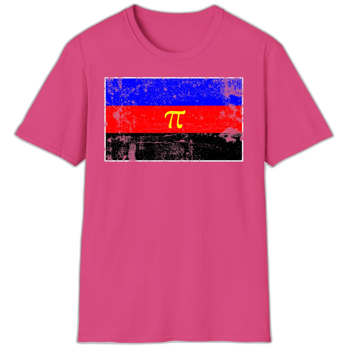 Pi mathematical symbol in yellow on distressed German flag with blue, red, and black horizontal stripes and grunge texture overlay in Heliconia