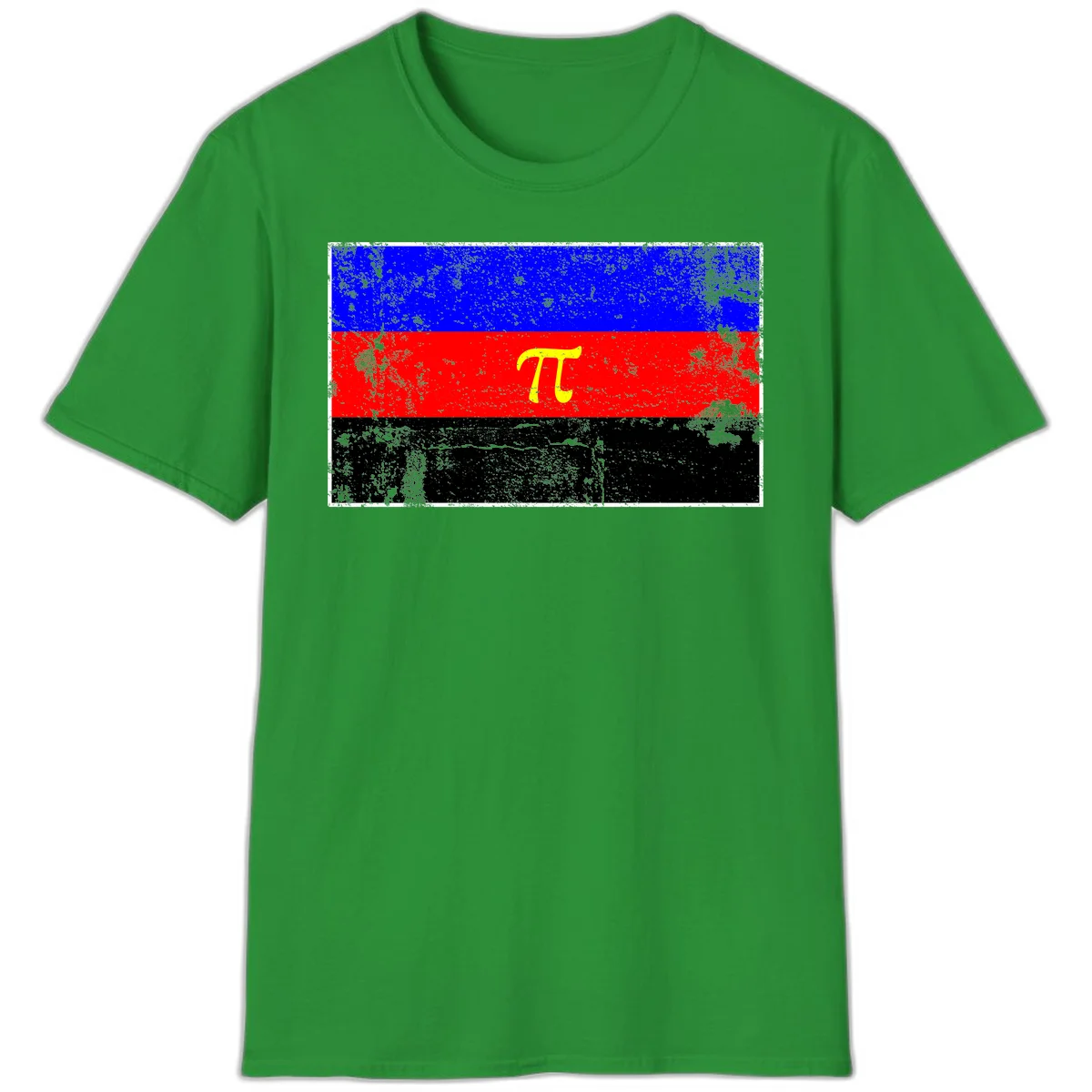Pi mathematical symbol in yellow on distressed German flag with blue, red, and black horizontal stripes and grunge texture overlay in Irish Green