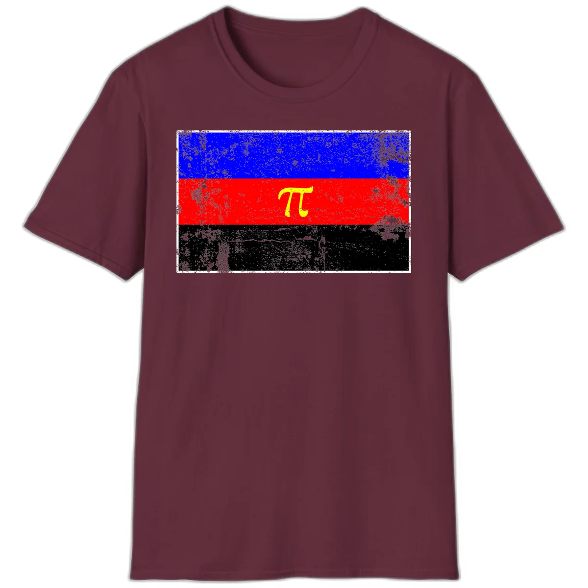Pi mathematical symbol in yellow on distressed German flag with blue, red, and black horizontal stripes and grunge texture overlay in Maroon