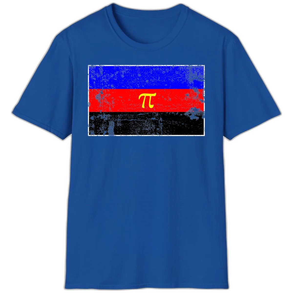 Pi mathematical symbol in yellow on distressed German flag with blue, red, and black horizontal stripes and grunge texture overlay in Royal