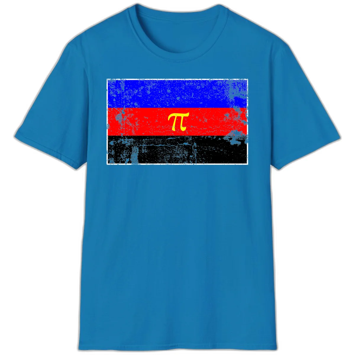 Pi mathematical symbol in yellow on distressed German flag with blue, red, and black horizontal stripes and grunge texture overlay in Sapphire