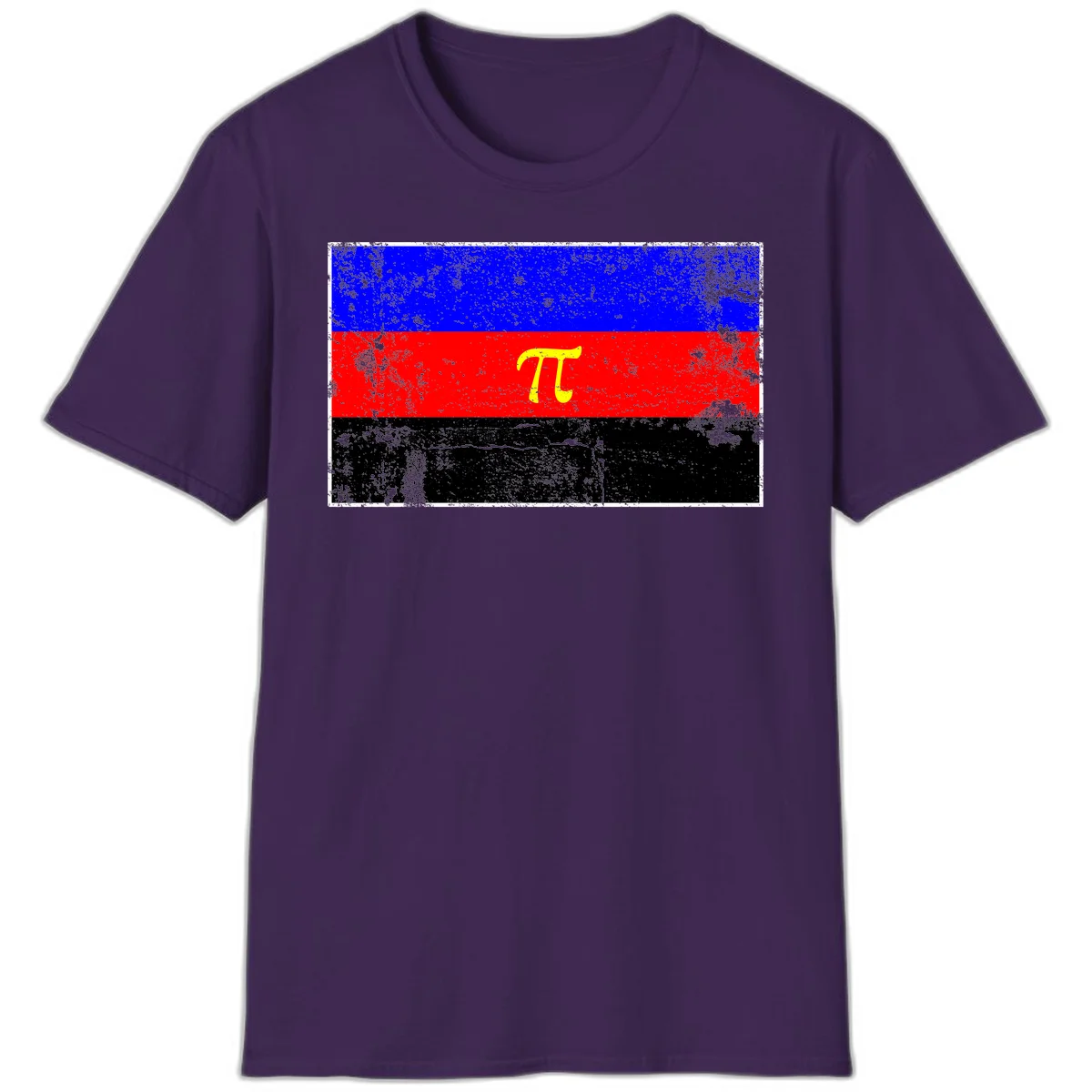 Pi mathematical symbol in yellow on distressed German flag with blue, red, and black horizontal stripes and grunge texture overlay in Purple