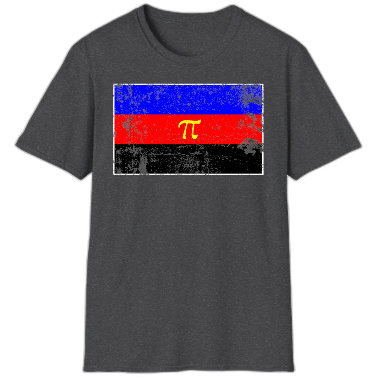 Pi mathematical symbol in yellow on distressed German flag with blue, red, and black horizontal stripes and grunge texture overlay in Dark Heather