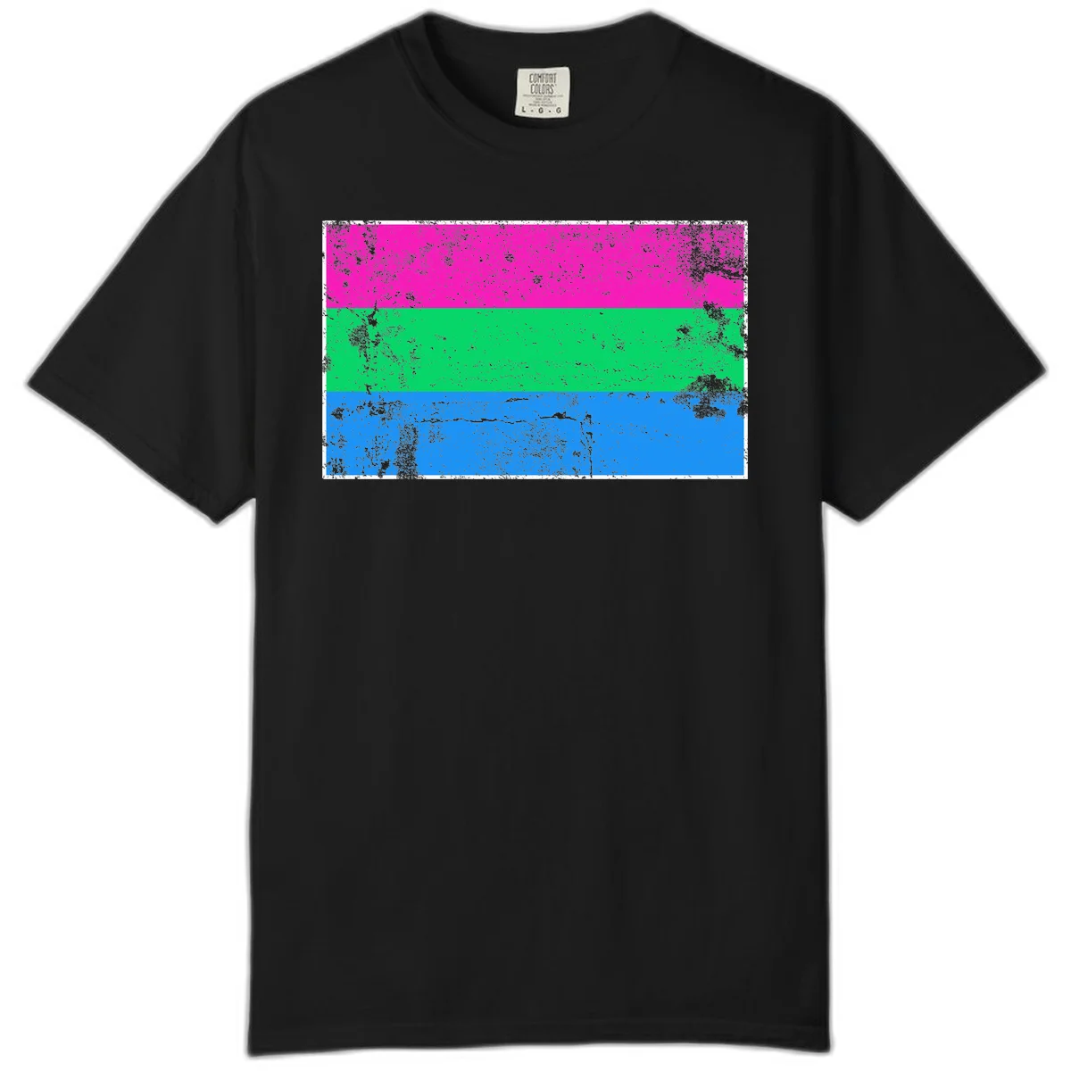Horizontal pride flag stripes design in magenta, green, and blue with grunge distressed texture overlay in Black