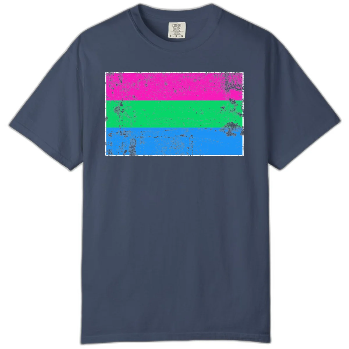 Horizontal pride flag stripes design in magenta, green, and blue with grunge distressed texture overlay in Midnight
