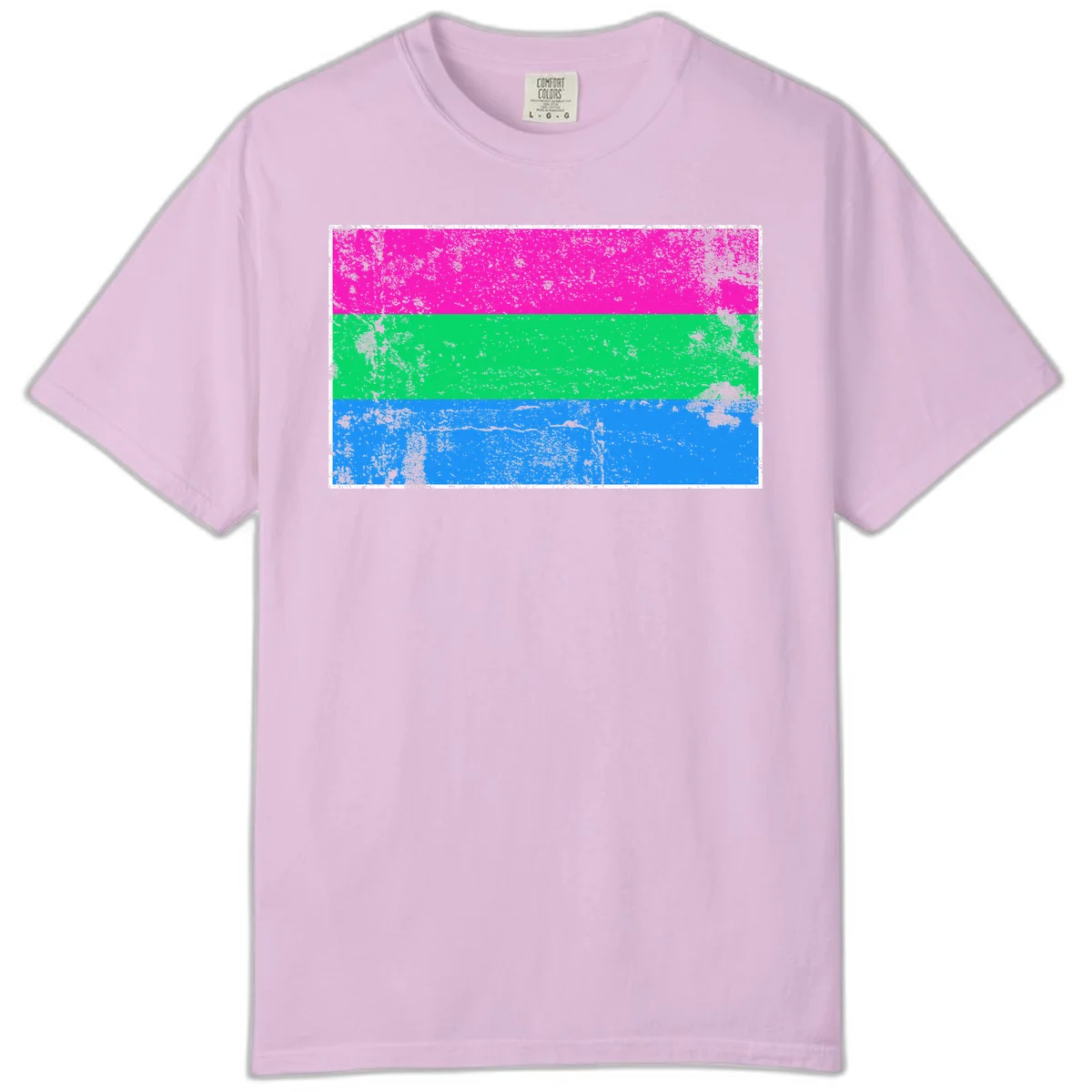 Horizontal pride flag stripes design in magenta, green, and blue with grunge distressed texture overlay in Orchid