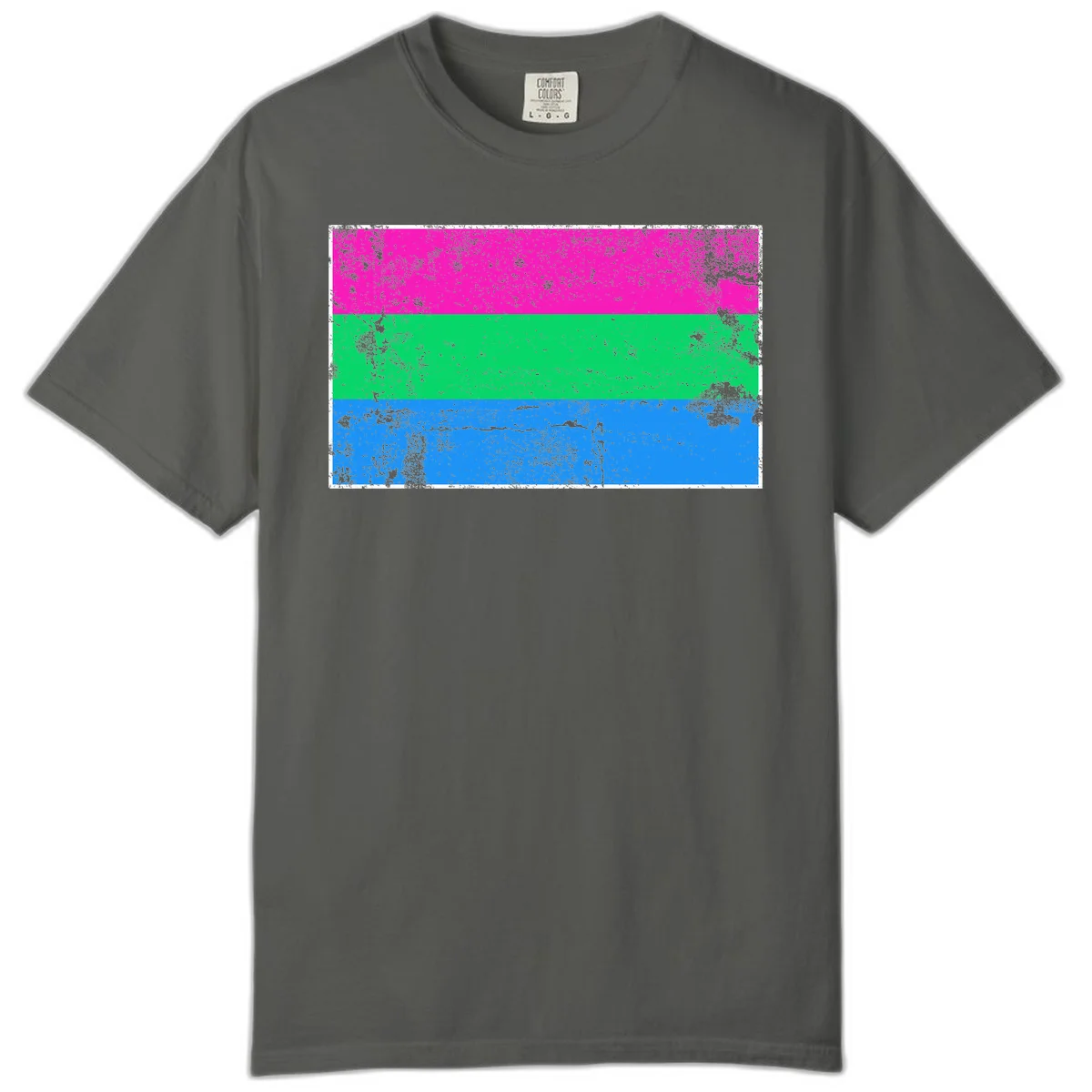 Horizontal pride flag stripes design in magenta, green, and blue with grunge distressed texture overlay in Pepper