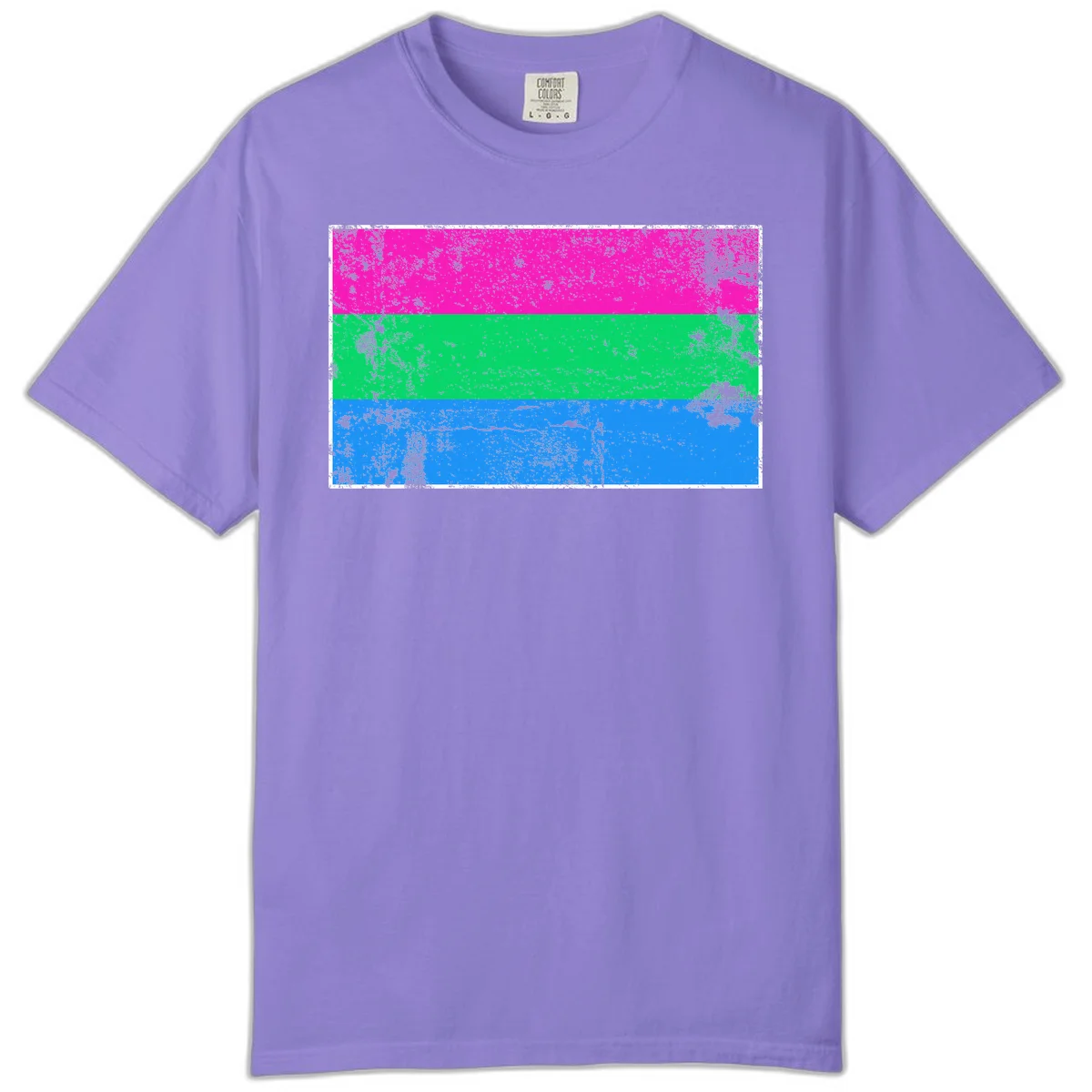 Horizontal pride flag stripes design in magenta, green, and blue with grunge distressed texture overlay in Violet