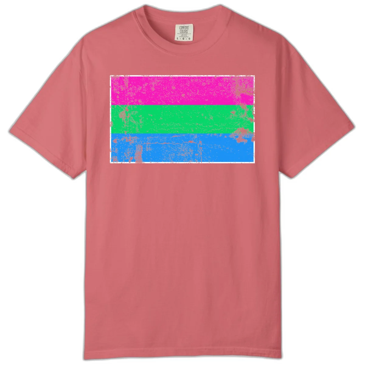 Horizontal pride flag stripes design in magenta, green, and blue with grunge distressed texture overlay in Watermelon